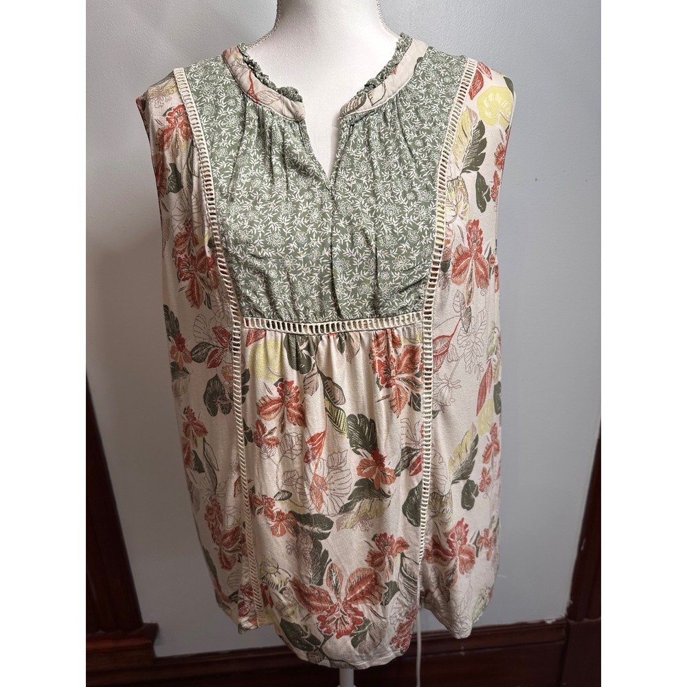 My Danielle Womens XL Floral Sleeveless Blouse Green Cream Mixed Print